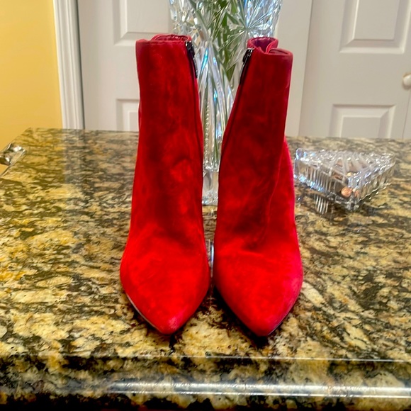 Stunning bright red suede heeled booties.  Side zip. - Picture 1 of 4